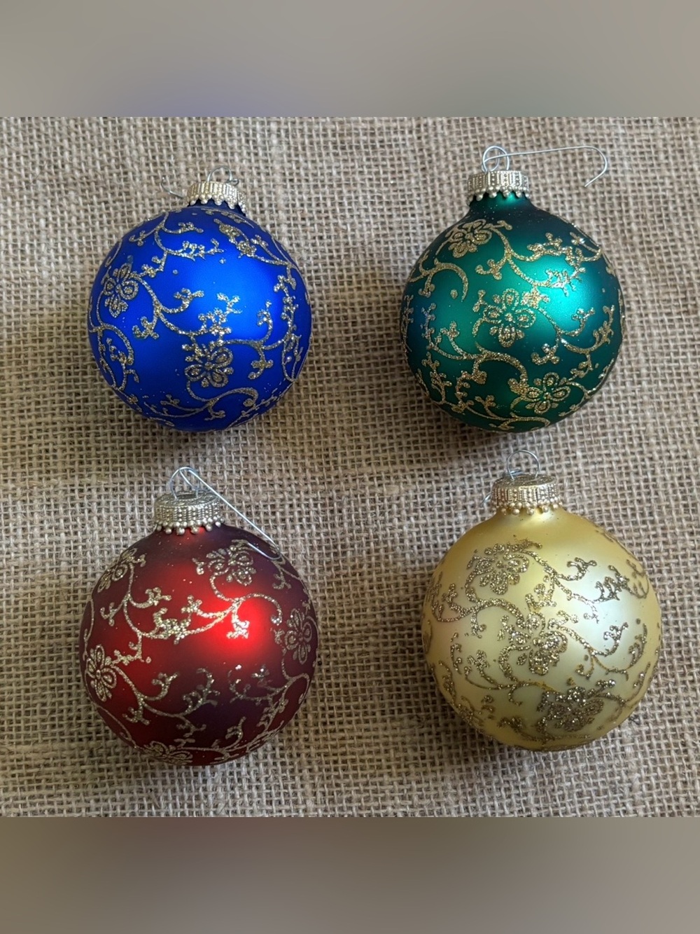 Vintage Krebs Floral Glitter Round Ball Glass Ornaments Christmas Holiday